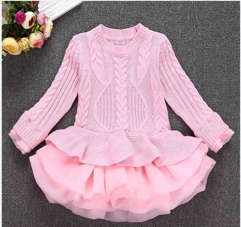 Girls Knitted Sweater Dresses Toddler Girls Dresses Princess Pullovers Sweaters Princess Dress With Lace Shrugs For Autumn Winter 2-9T